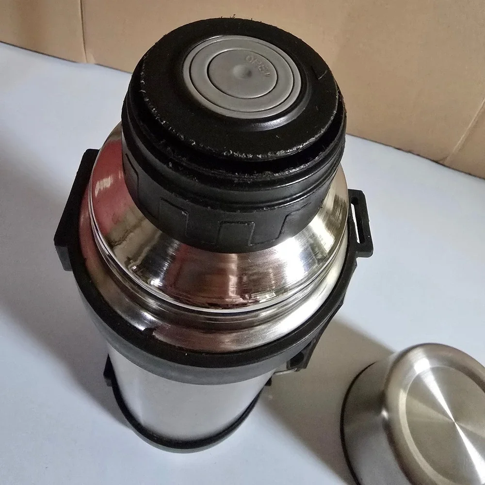 Vintage Stainless Steel Vacuum Bottle‎ Thermos w Cup Lid Stopper & Handle